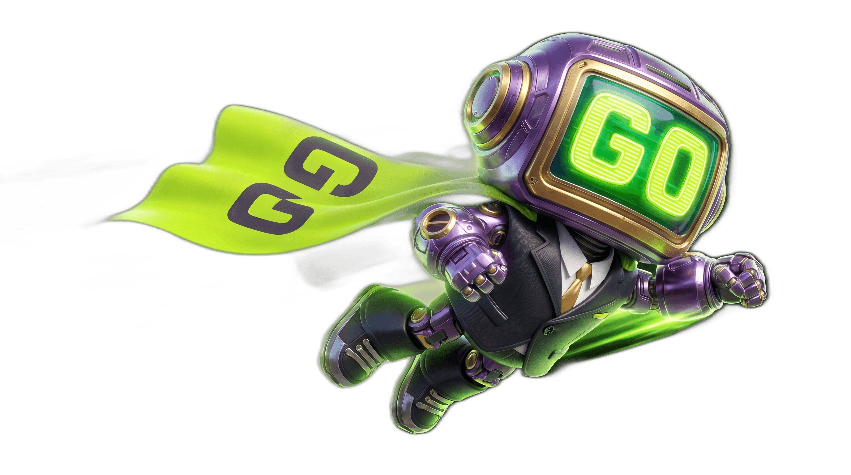 GOGOGO LLC flying GoBot mascot — multi-AI agent system in motion