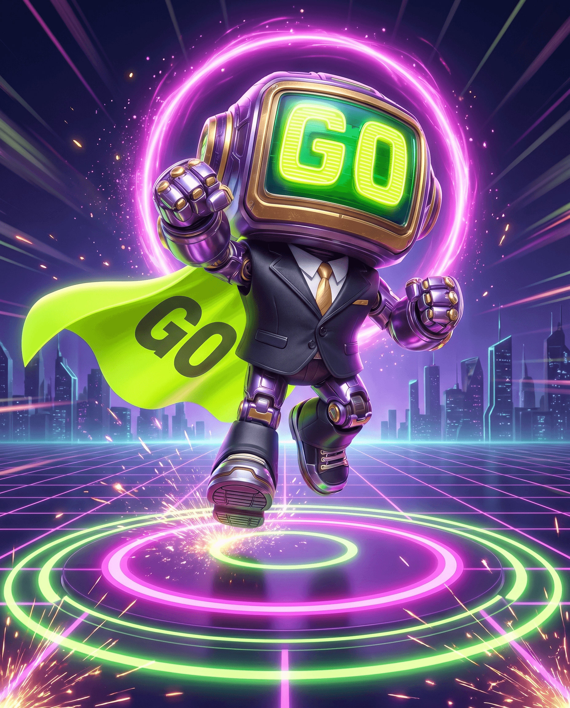 GoBot — the GOGOGO orchestrator mascot running mid-stride on a neon orbital command pad